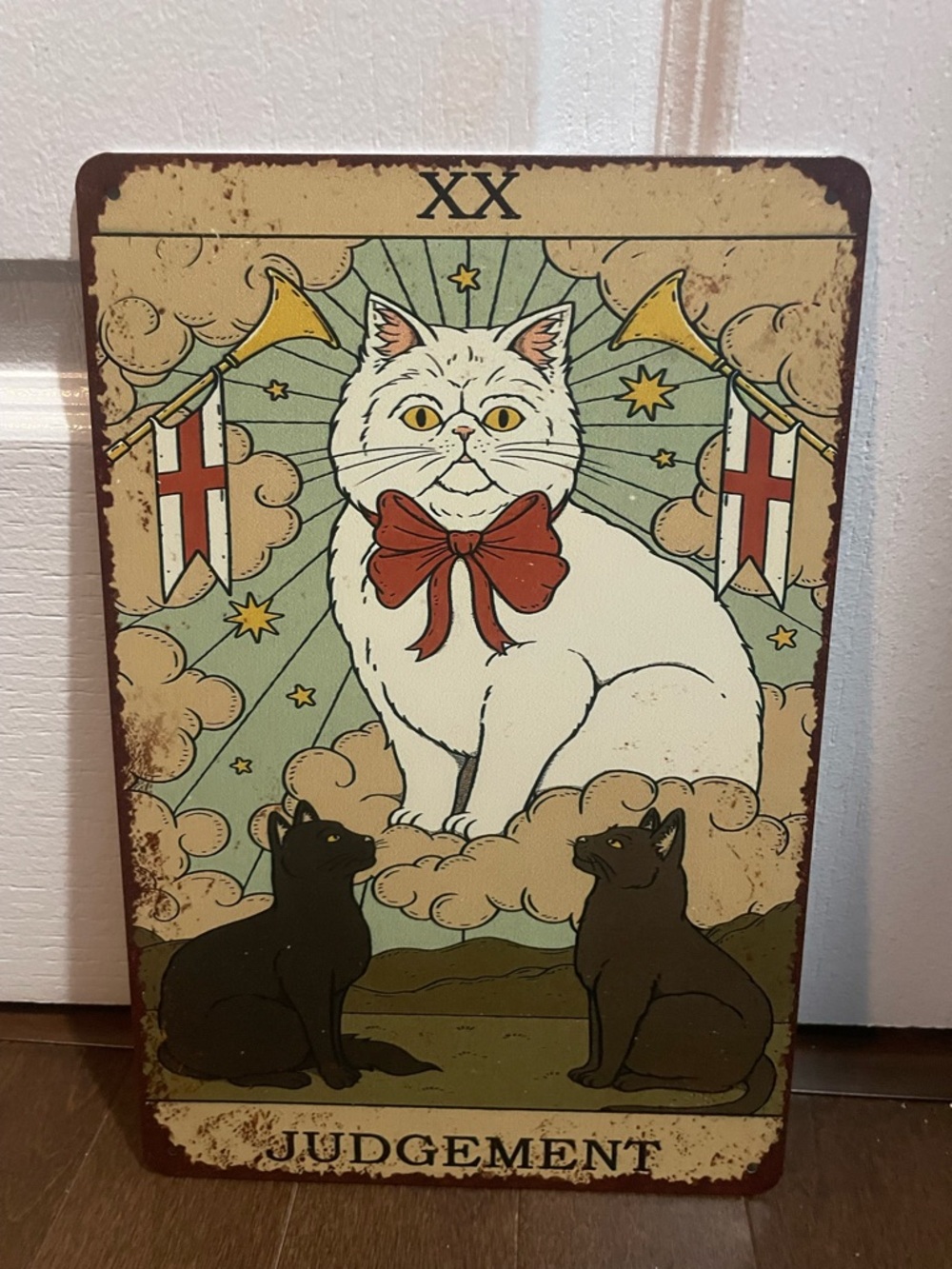Cats Judgement Decorative Metal Sign - White Cat with Red Bow ⭐️2 for 15 ⭐️